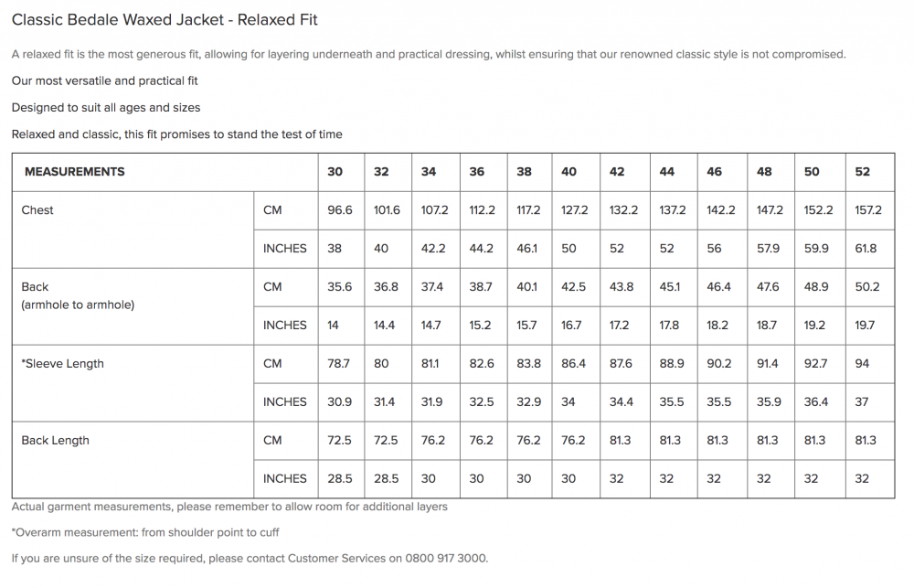 barbour jacket measurements